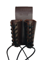 A brown leather double laced bull pin holder with a metal buckle and stitching details.