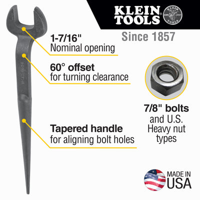 KLEIN 3213 Erection Wrench Bolt Size 7/8 Inch For US Heavy Nut And Opening Size 1-7/16 Inch