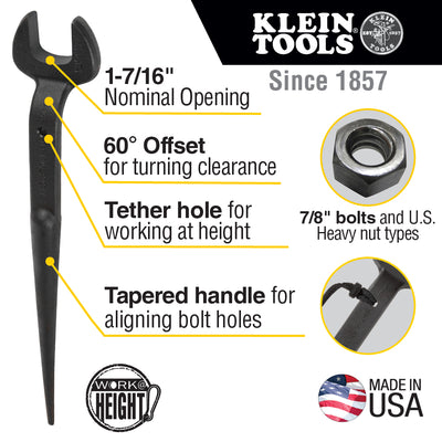 KLEIN 3213TT Erection Wrench Bolt Size 7/8 Inch For US Heavy Nut And Opening Size 1-7/16 Inch with Hole