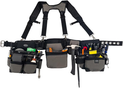 Bucket Boss Mullet Buster 3 Bag Tool Belt with Suspenders in Grey, 55135, Black, full size