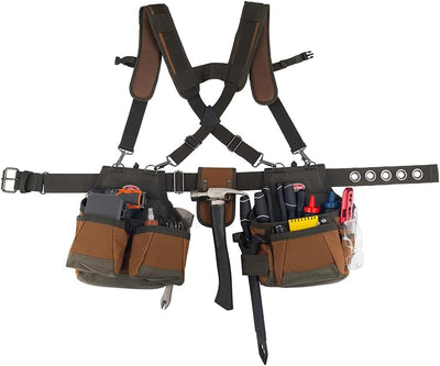 Bucket Boss - AirLift Tool Belt with Suspenders, Tool Belts - Original Series (50100) with 12 pockets, Brown , 52 Inch