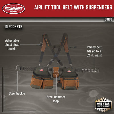 Bucket Boss - AirLift Tool Belt with Suspenders, Tool Belts - Original Series (50100) with 12 pockets, Brown , 52 Inch