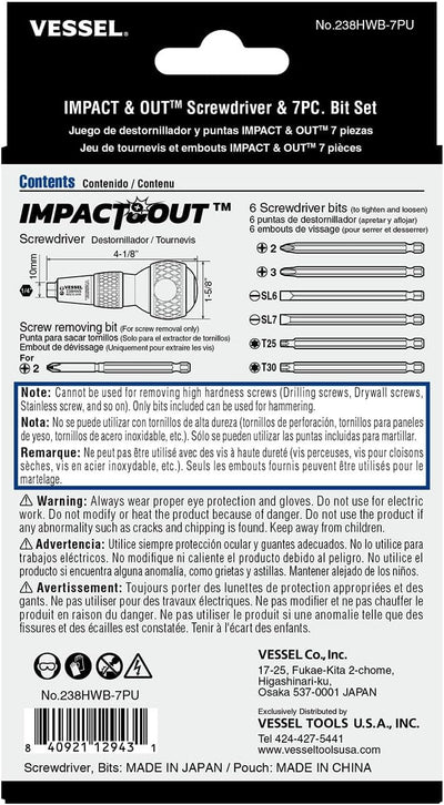 VESSEL 238HWB-7PU Impact & Out Screwdriver with 7pcs bits and Pouch