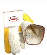 BOSS 1BC28571-LRG (Pack of 12 Pairs) Ironworker Gloves Premium Grade Gold Chore Glove with 2-Ply Palm, Canvas Back Light Weight Platiczed Gauntlet Cuff Long cuff Size Large