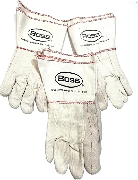 BOSS 1BC21701J-XL 3 PAIRS/pack Ironworker Gloves White Cotton Premium Grade Chore Glove with Double Layer Palm, Cotton Back and Nap-In Finish - Rubberized Gauntlet Cuff, Long cuff Size X-Large (Pack of 3 Pair)