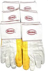 BOSS 1BC28571-LRG  6 PAIRS/PACK Ironworker Gloves Premium Grade Gold Chore Glove with 2-Ply Palm, Canvas Back Light Weight Platiczed Gauntlet Cuff Long cuff Size Large (Pack of 6 Pairs)