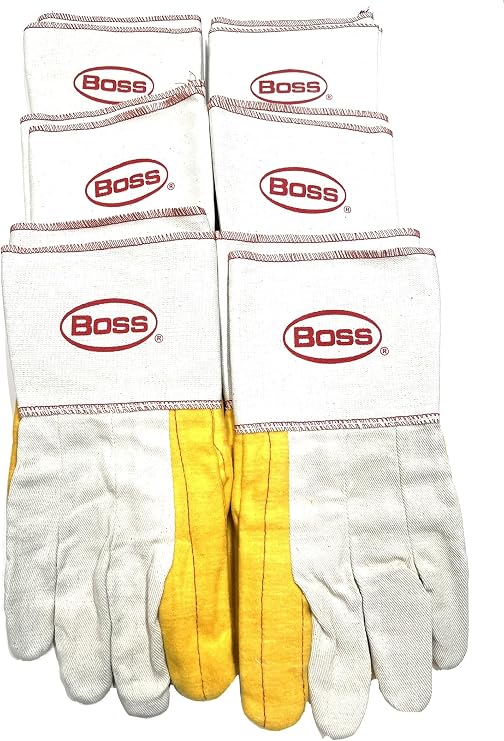 BOSS 1BC28571-LRG  6 PAIRS/PACK Ironworker Gloves Premium Grade Gold Chore Glove with 2-Ply Palm, Canvas Back Light Weight Platiczed Gauntlet Cuff Long cuff Size Large (Pack of 6 Pairs)