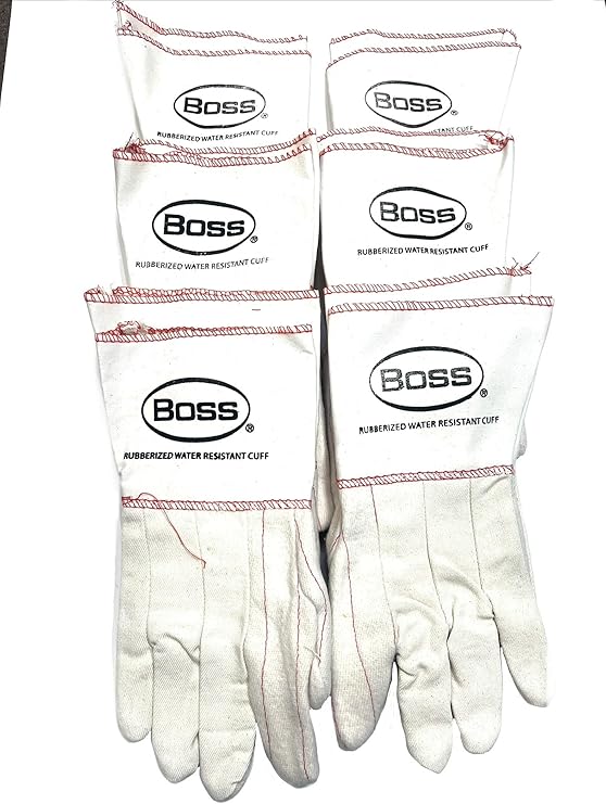 BOSS 1BC21701J-XL 6 PAIRS/ PACK  White Cotton Premium Grade Chore Glove with Double Layer Palm, Cotton Back and Nap-In Finish - Rubberized Gauntlet Cuff, Long cuff Size X-Large (Pack of 6 Pairs)