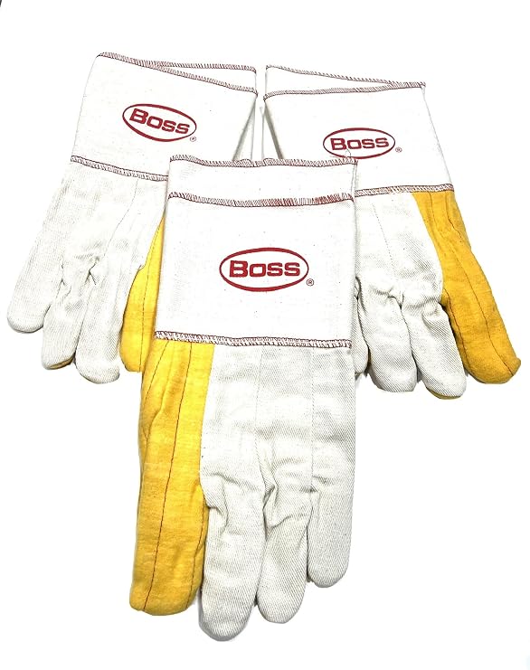 BOSS 1BC28571-LRG  3 PAIRS/PACK Ironworker Gloves Premium Grade Gold Chore Glove with 2-Ply Palm, Canvas Back Light Weight Platiczed Gauntlet Cuff Long cuff Size Large (Pack of 3 Pairs)