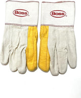 BOSS 1BC28571-LRG (Pack of 12 Pairs) Ironworker Gloves Premium Grade Gold Chore Glove with 2-Ply Palm, Canvas Back Light Weight Platiczed Gauntlet Cuff Long cuff Size Large
