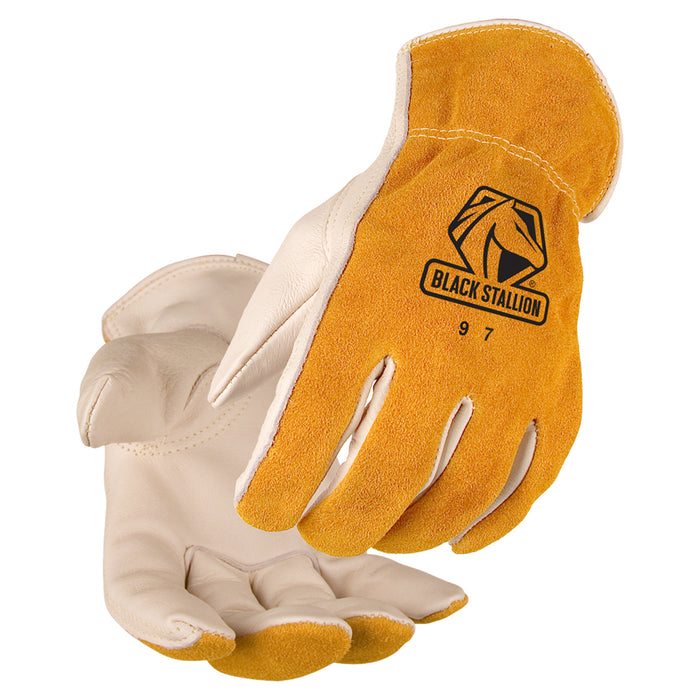 BLACK STALLION 97 GRAIN/SPLIT COWHIDE ELASTIC WRIST DRIVER'S STYLE GLOVES