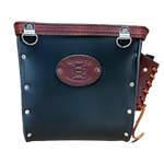 Black leather pouch with brown accents and a brand logo on a white background