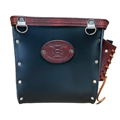 Black leather pouch with brown accents and a brand logo on a white background