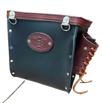 Black leather pouch with brown leather strap and visible brand logo on a white background