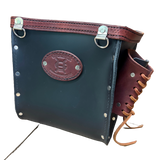Black leather pouch with brown leather strap and visible brand logo on a white background