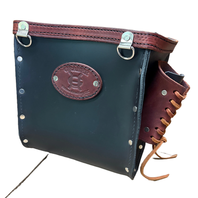 Black leather pouch with brown leather strap and visible brand logo on a white background