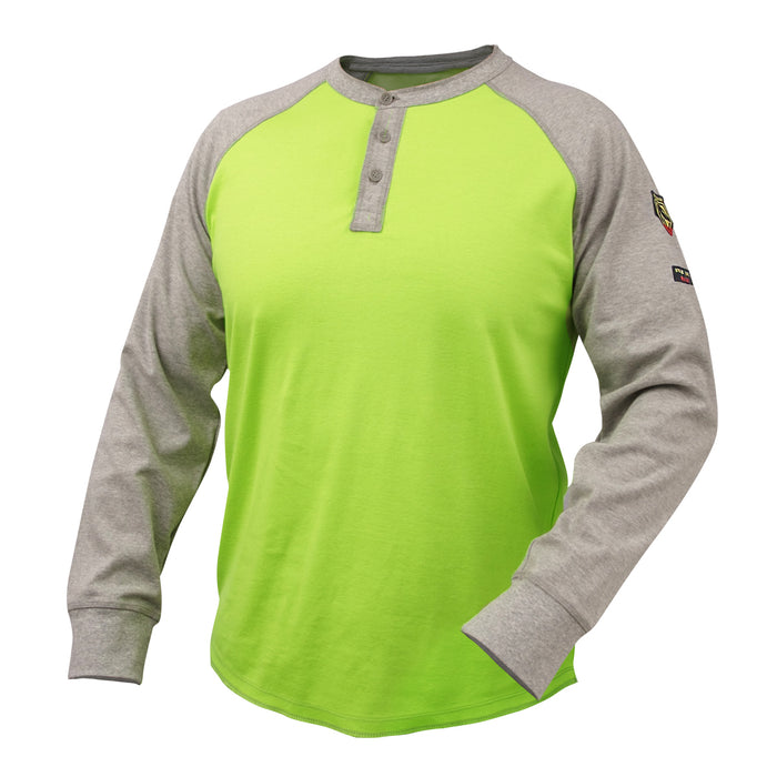 BLACK STALLION TF2520-GL 7 oz. Flame-Resistant Cotton Jersey Henley, Gray/Lime