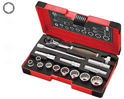 VESSEL HRW3005M-SW  3/8" Swivel Socket Wrench Set - Wood-Compo HRW3005M-SW Non-Slip Handle (16 pcs)