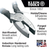 Klein HD213-9NETH 9" High-Leverage Side-Cutting Pliers - Lineman's Bolt-Thread Holding